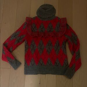 Zara Argyle Pattern Red and Gray Sweater size Small turtle neck cute!